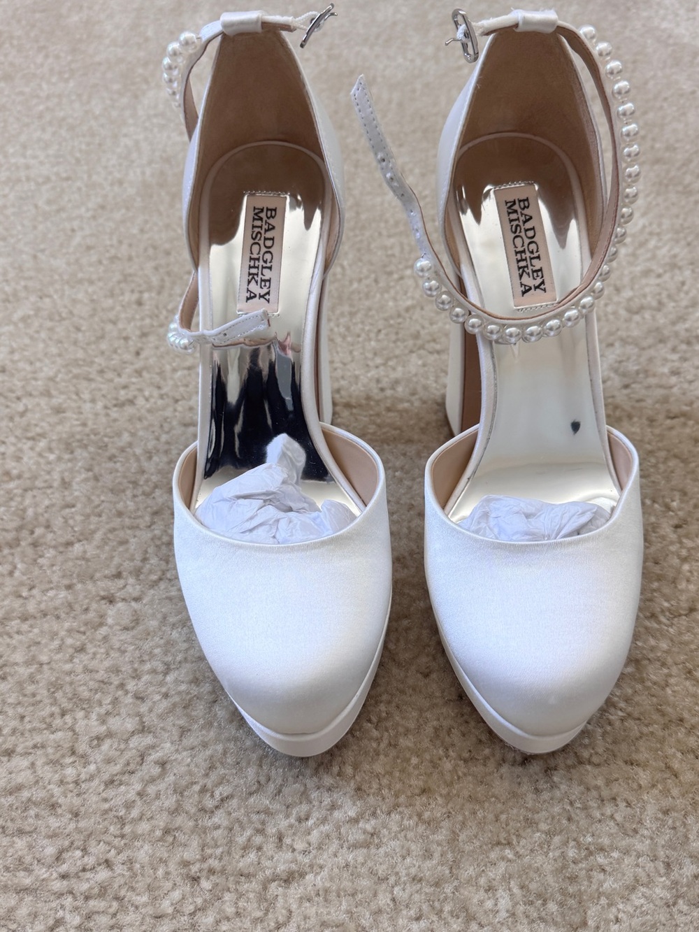 Badgley Mischka White Pearl-Ankle Satin Platform Heels